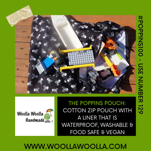 Blue Penguins - Large Poppins Pouch - Waterproof, Washable, Food Safe, Vegan, Lined Zip Bag