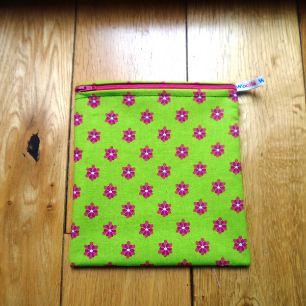 Lime Pink Flower Medium Poppins Pouch Washable Sandwich Bag - Vegan Alt. to Wax Wrap