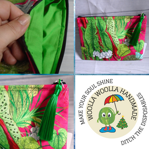 Leafy Pink - Velvet Purse - Cotton Lined - Green Silk Tassel