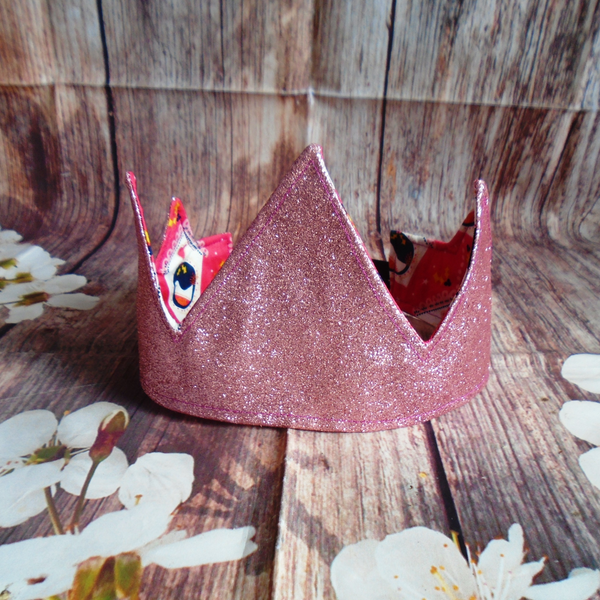 Festive Birdhouse With Blush Glitter Fabric Christmas Crown Reversible Adjustable - One Size Fits All Party Hat Birthday Crown - Eco Zero Waste