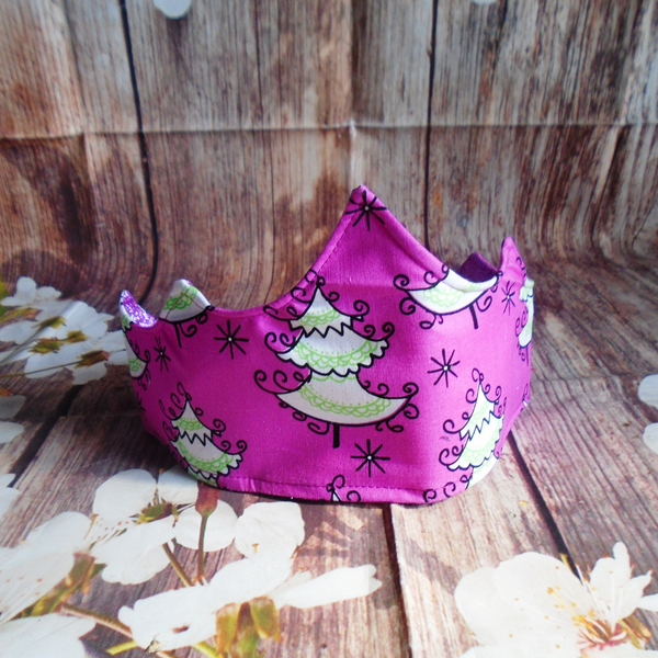 Pink Christmas Tree With Silver Glitter Fabric Christmas Crown Reversible Adjustable - One Size Fits All Party Hat Birthday Crown - Eco Zero Waste