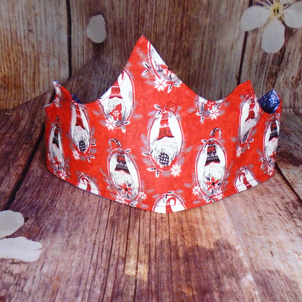Red Gnome Tomte With Steel Glitter Fabric Christmas Crown Reversible Adjustable - One Size Fits All Party Hat Birthday Crown - Eco Zero Waste