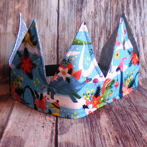 Festive Dinosaur With Turquoise Glitter Fabric Christmas Crown Reversible Adjustable - One Size Fits All Party Hat Birthday Crown - Eco Zero Waste