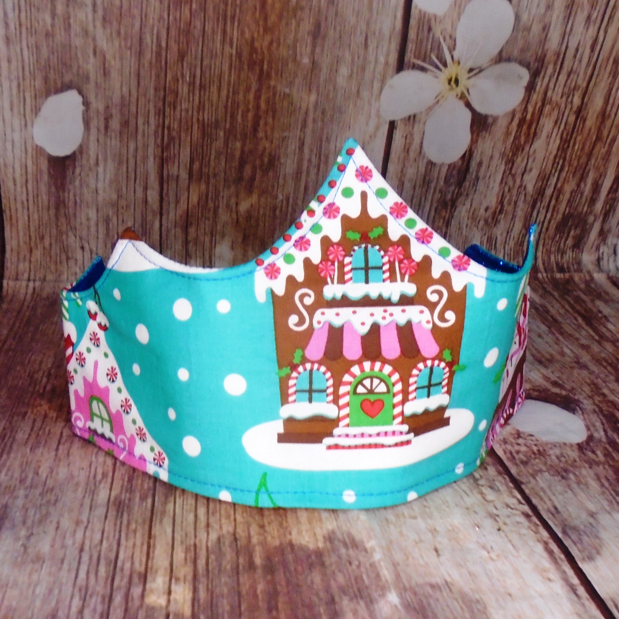 Gingerbread House With Bright Pink Glitter Fabric Christmas Crown Reversible Adjustable - One Size Fits All Party Hat Birthday Crown - Eco Zero Waste