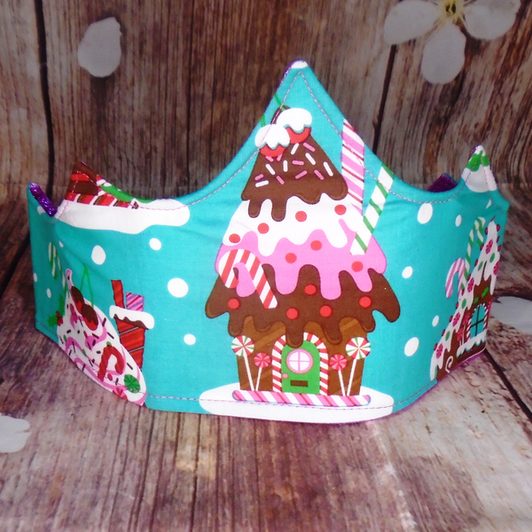 Gingerbread House With Bright Pink Glitter Fabric Christmas Crown Reversible Adjustable - One Size Fits All Party Hat Birthday Crown - Eco Zero Waste