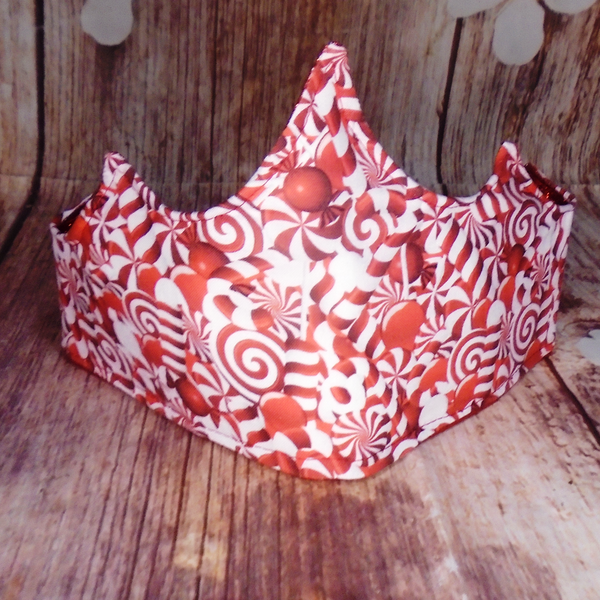 Candy Swirl With Red Glitter Fabric Christmas Crown Reversible Adjustable - One Size Fits All Party Hat Birthday Crown - Eco Zero Waste