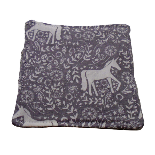 Reusable Cotton Wipes 4 Pack - Make Up - Toddler - Finger Wipes - Silver Unicorns With Grey Towelling