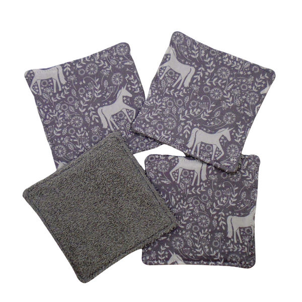 Reusable Cotton Wipes 4 Pack - Make Up - Toddler - Finger Wipes - Silver Unicorns With Grey Towelling