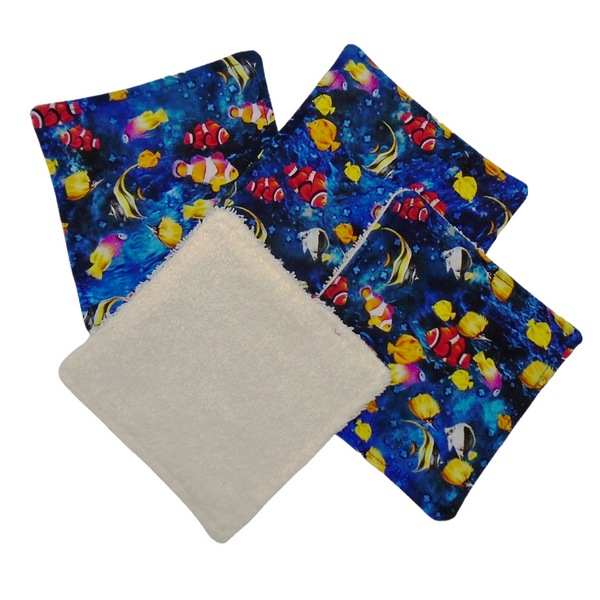 Reusable Cotton Wipes 4 Pack - Make Up - Toddler - Finger Wipes - Tropical Fish With Cream Towelling