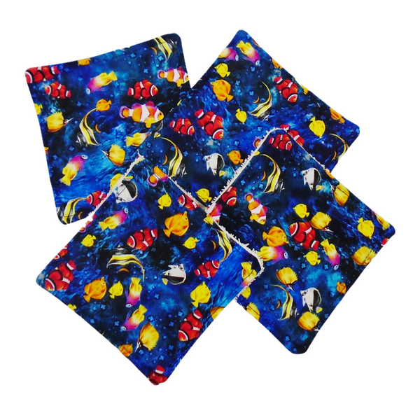 Reusable Cotton Wipes 4 Pack - Make Up - Toddler - Finger Wipes - Tropical Fish With Cream Towelling