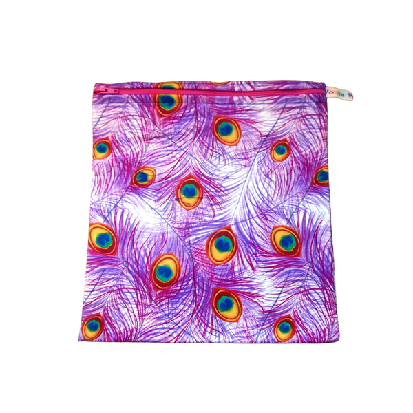 Pink Peacock - Large Poppins Pouch - Waterproof, Washable, Food Safe, Vegan, Lined Zip Bag