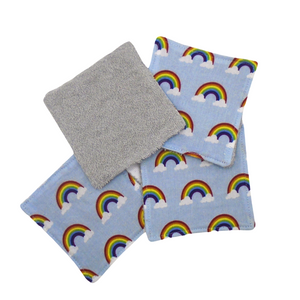 Reusable Cotton Wipes 4 Pack - Make Up - Toddler - Finger Wipes - Blue Rainbows With Grey Towelling