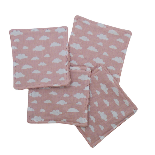Reusable Cotton Wipes 4 Pack - Make Up - Toddler - Finger Wipes - Pink Clouds With Blush Pink Towelling