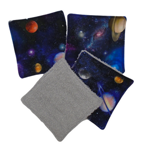 Reusable Cotton Wipes 4 Pack - Make Up - Toddler - Finger Wipes - Navy Planets With Grey Towelling