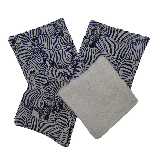 Reusable Cotton Wipes 4 Pack - Make Up - Toddler - Finger Wipes - Zebra Zebra With White Towelling