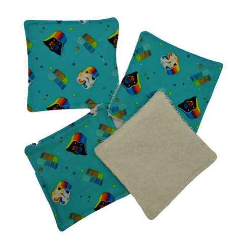 Reusable Cotton Wipes 4 Pack - Make Up - Toddler - Finger Wipes - Rainbow Trooper With Cream Towelling