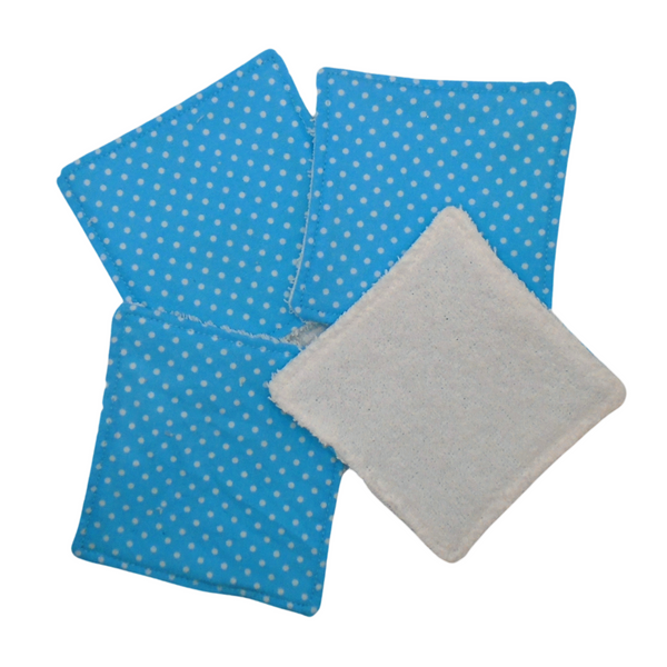 Reusable Cotton Wipes 4 Pack - Make Up - Toddler - Finger Wipes - Sky Polka Dot With White Towelling