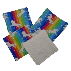 Reusable Cotton Wipes 4 Pack - Make Up - Toddler - Finger Wipes - Rainbow Unicorn With White Towelling