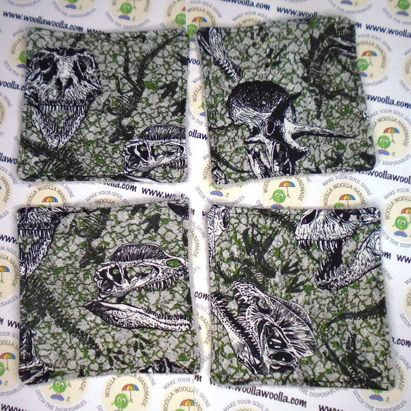 Reusable Cotton Wipes 4 Pack - Make Up - Toddler - Finger Wipes - Dinosaur Fossil With Grey Towelling