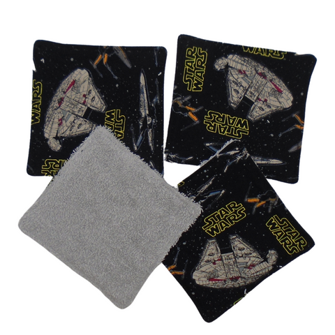 Reusable Cotton Wipes 4 Pack - Make Up - Toddler - Finger Wipes - Black Space Vehicles With Grey Towelling