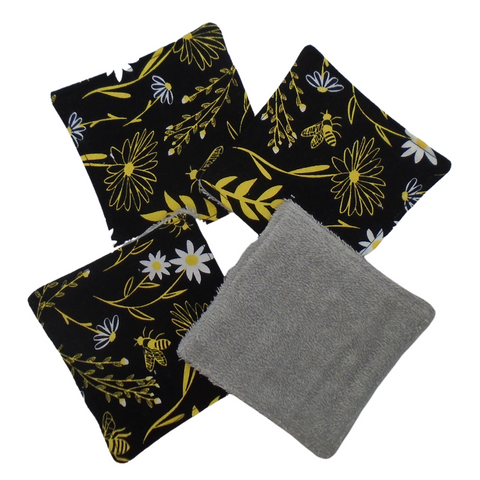 Reusable Cotton Wipes 4 Pack - Make Up - Toddler - Finger Wipes - Black Floral Bee With Grey Towelling