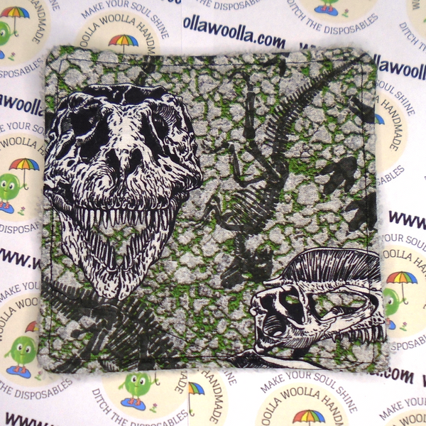 Reusable Cotton Wipes 4 Pack - Make Up - Toddler - Finger Wipes - Dinosaur Fossil With Grey Towelling