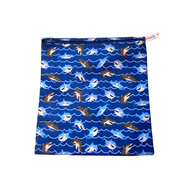 Shark Waves - Large Poppins Pouch - Waterproof, Washable, Food Safe, Vegan, Lined Zip Bag