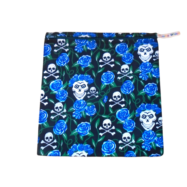 Blue Roses Skull - Large Poppins Pouch - Waterproof, Washable, Food Safe