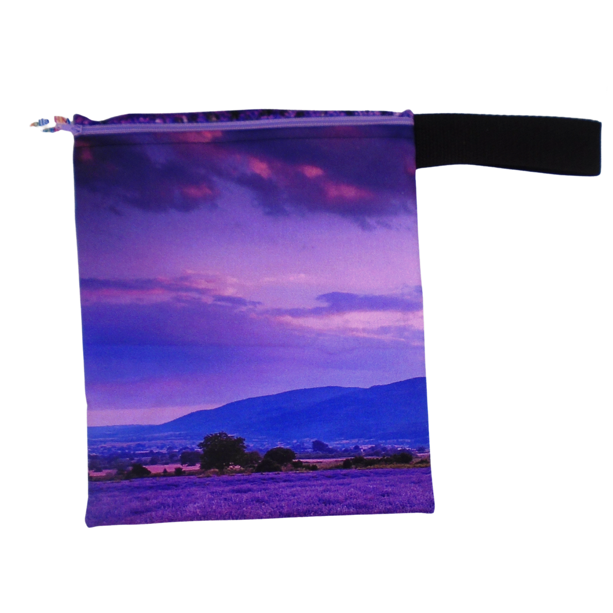 Lavender Field - Twilight-  Handy Poppins Pouch, Waterproof, Washable, Food Safe, Vegan, Lined Zip Bag With Wrist Strap