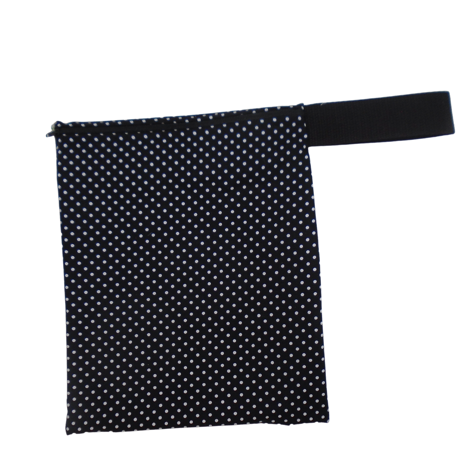 Black Polka Dots -  Handy Poppins Pouch, Waterproof, Washable, Food Safe, Vegan, Lined Zip Bag With Wrist Strap