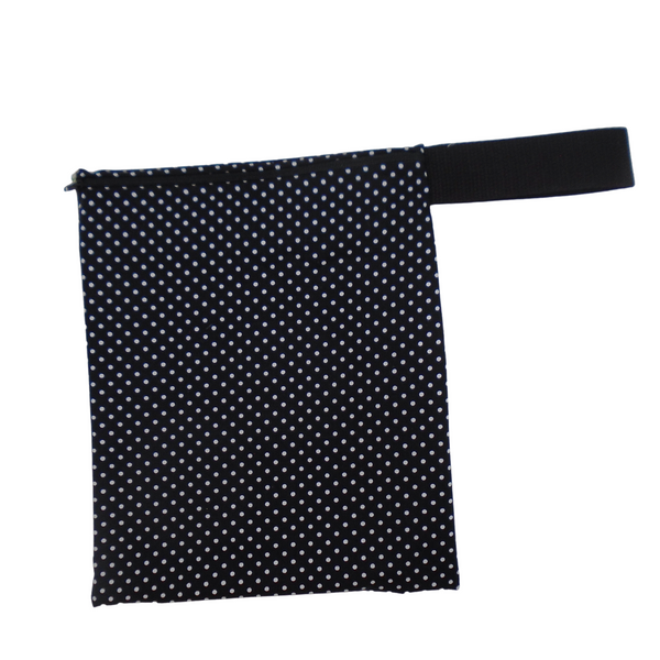 Black Polka Dots -  Handy Poppins Pouch, Waterproof, Washable, Food Safe, Vegan, Lined Zip Bag With Wrist Strap