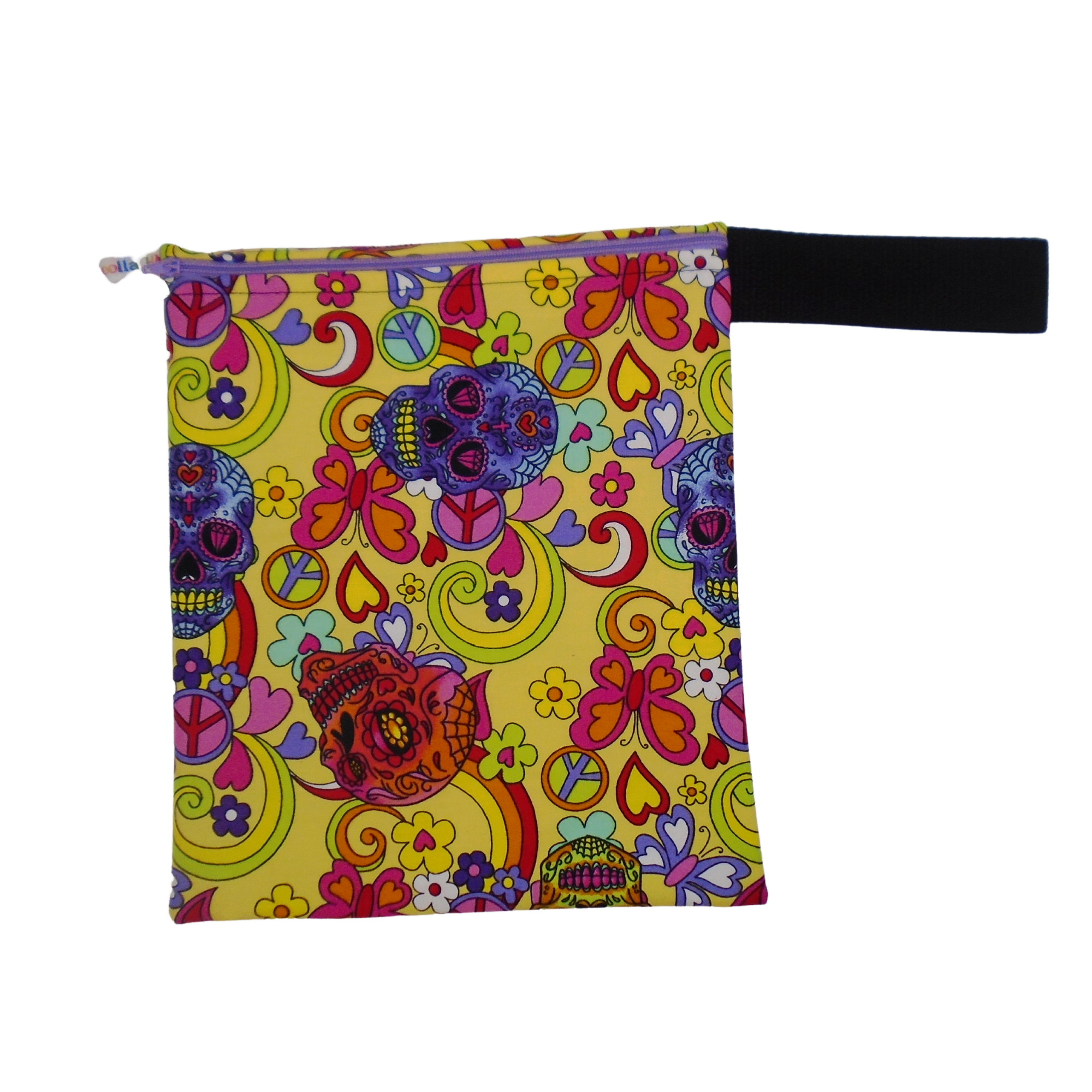 Yellow Sugar Skull -  Handy Poppins Pouch, Waterproof, Washable, Food Safe, Vegan, Lined Zip Bag With Wrist Strap