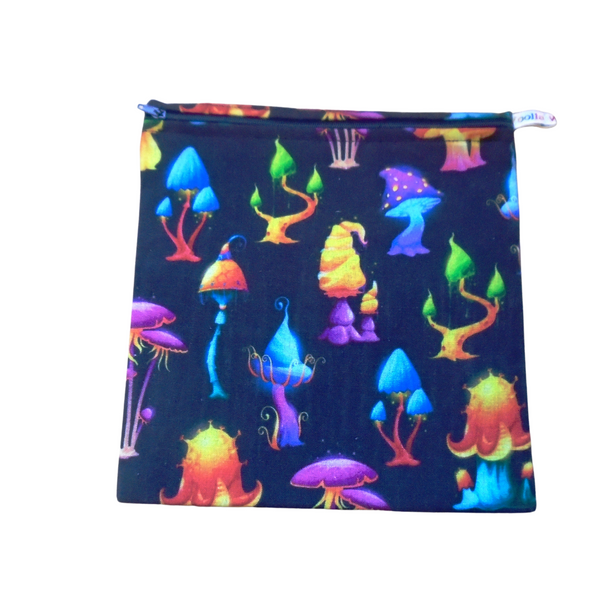 Midnight Mushrooms - Large Poppins Pouch - Waterproof, Washable, Food Safe, Vegan, Lined Zip Bag