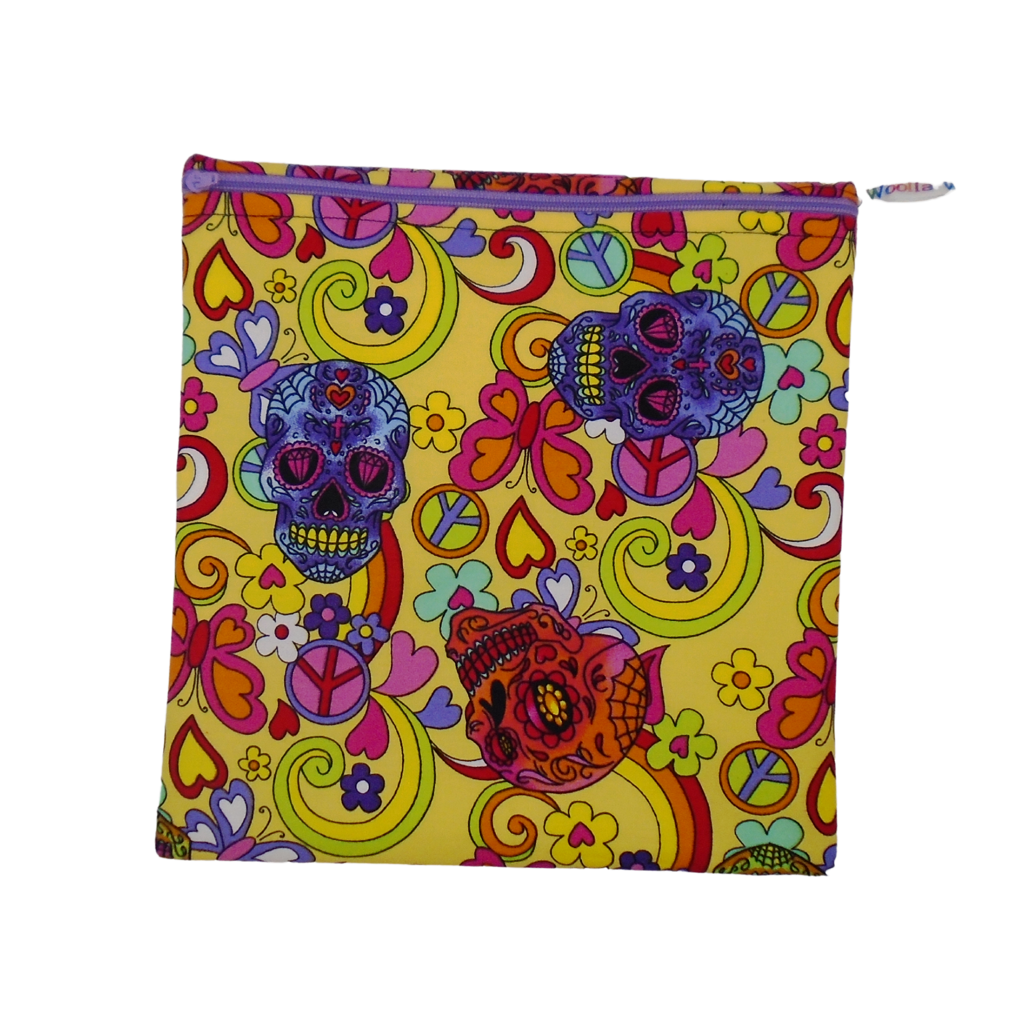 Yellow Sugar Skull - Large Poppins Pouch - Waterproof, Washable, Food Safe, Vegan, Lined Zip Bag