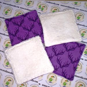 Reusable Cotton Wipes 4 Pack - Make Up - Toddler - Finger Wipes - Purple Antlers With White Towelling