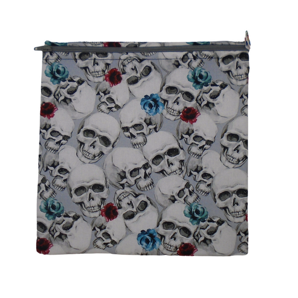 Grey White Skull - Large Poppins Pouch - Waterproof, Washable, Food Safe, Vegan, Lined Zip Bag