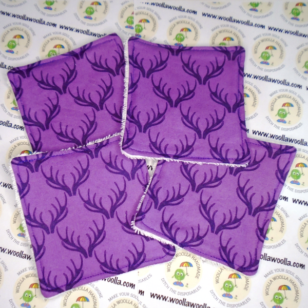 Reusable Cotton Wipes 4 Pack - Make Up - Toddler - Finger Wipes - Purple Antlers With White Towelling