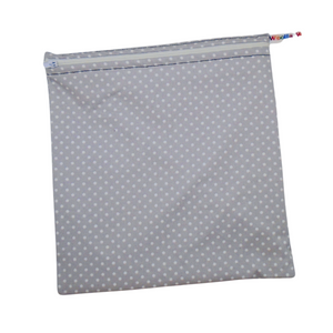 Grey Polka - Large Poppins Pouch - Waterproof, Washable, Food Safe, Vegan, Lined Zip Bag