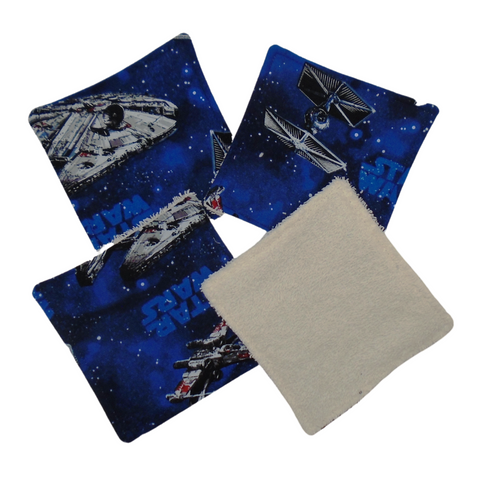 Reusable Cotton Wipes 4 Pack - Make Up - Toddler - Finger Wipes - Navy Space Vehicle With Cream Towelling