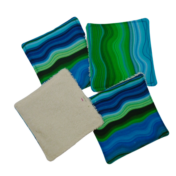 Reusable Cotton Wipes 4 Pack - Make Up - Toddler - Finger Wipes - Blue Green Geode With Cream Towelling