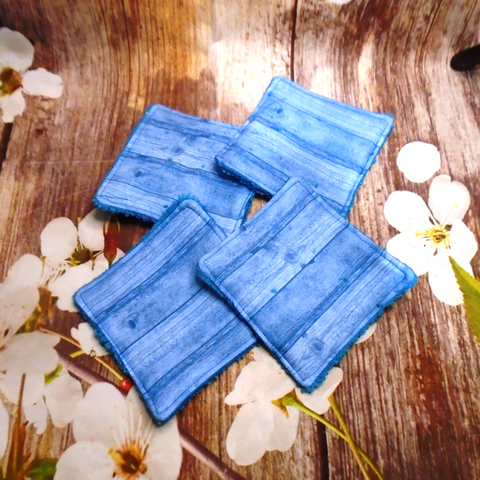 Reusable Cotton Wipes 4 Pack - Make Up - Toddler - Finger Wipes - Blue Wood Grain With Turquoise Towelling