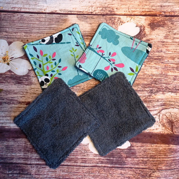 Reusable Cotton Wipes 4 Pack - Make Up - Toddler - Finger Wipes - Panda Play With Grey Towelling