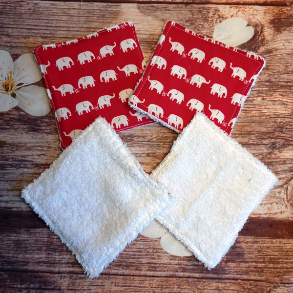 Reusable Cotton Wipes 4 Pack - Make Up - Toddler - Finger Wipes - Red Elephant With White Towelling