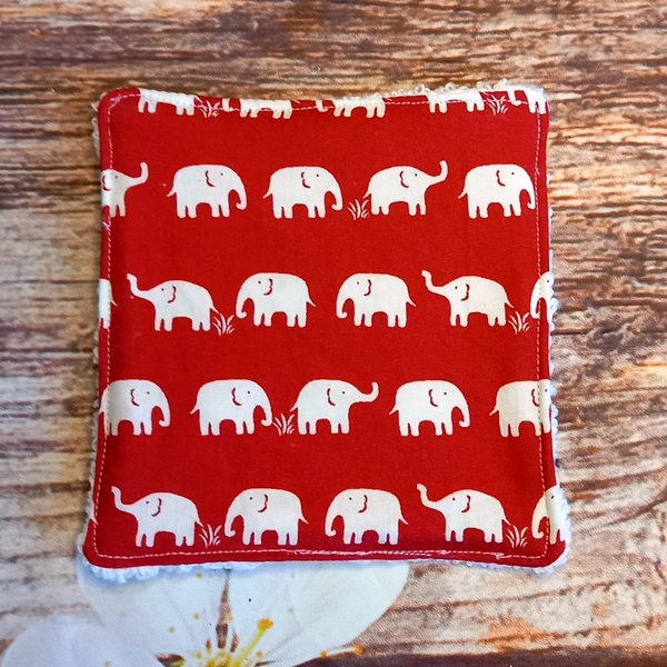 Reusable Cotton Wipes 4 Pack - Make Up - Toddler - Finger Wipes - Red Elephant With White Towelling