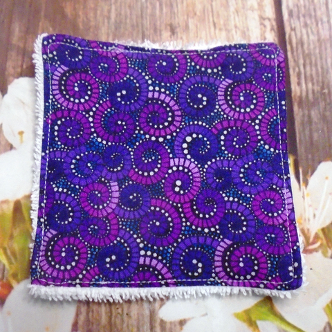 Reusable Cotton Wipes 4 Pack - Make Up - Toddler - Finger Wipes - Purple Mosaic With White Towelling