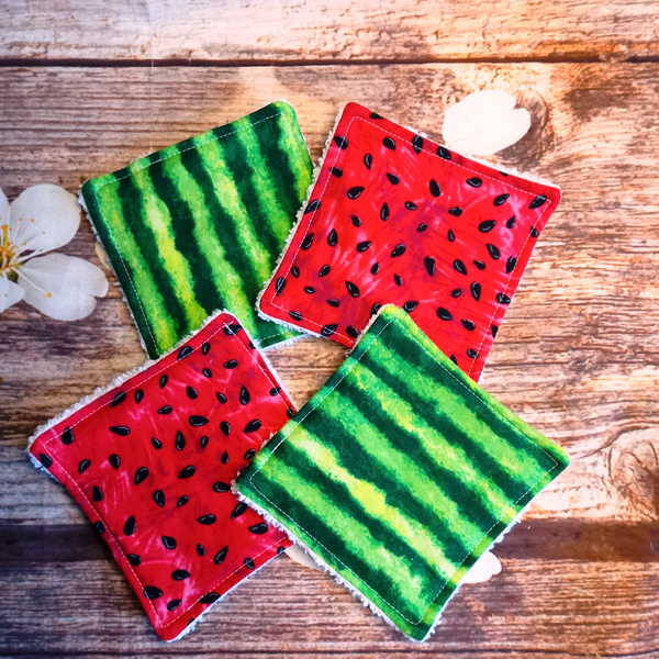 Reusable Cotton Wipes 4 Pack - Make Up - Toddler - Finger Wipes - Watermelon & Rind With White Towelling