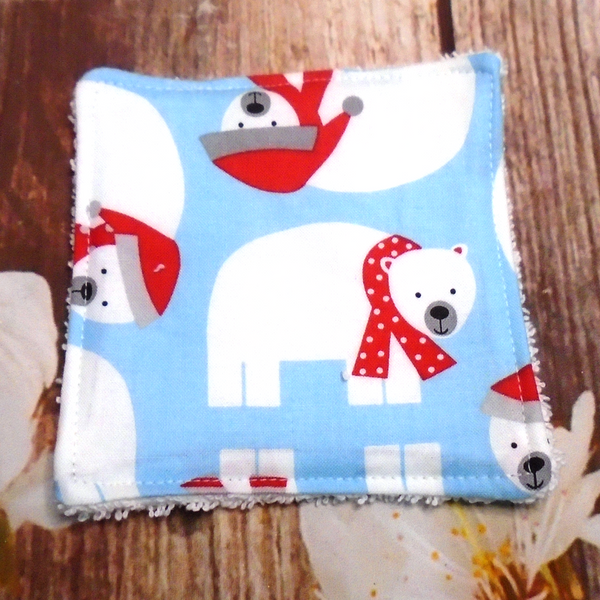 Reusable Cotton Wipes 4 Pack - Make Up - Toddler - Finger Wipes - Blue Polar Bear With White Towelling