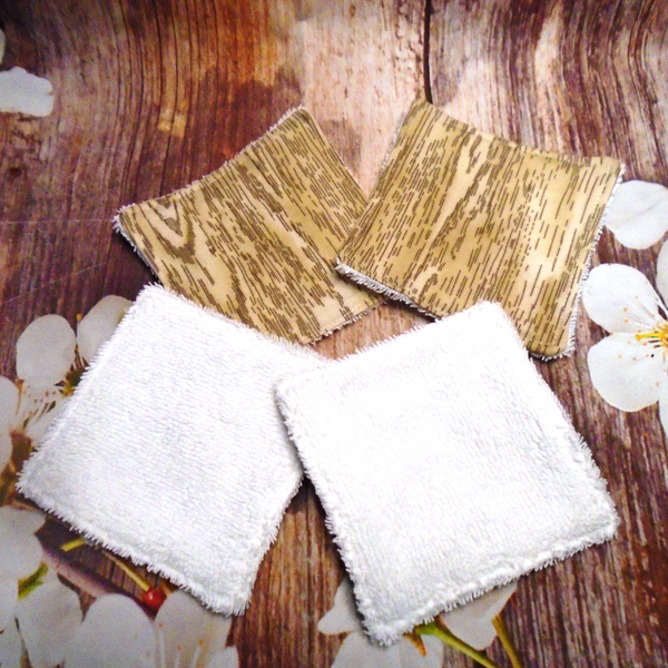Reusable Cotton Wipes 4 Pack - Make Up - Toddler - Finger Wipes - Wood Grain With White Towelling