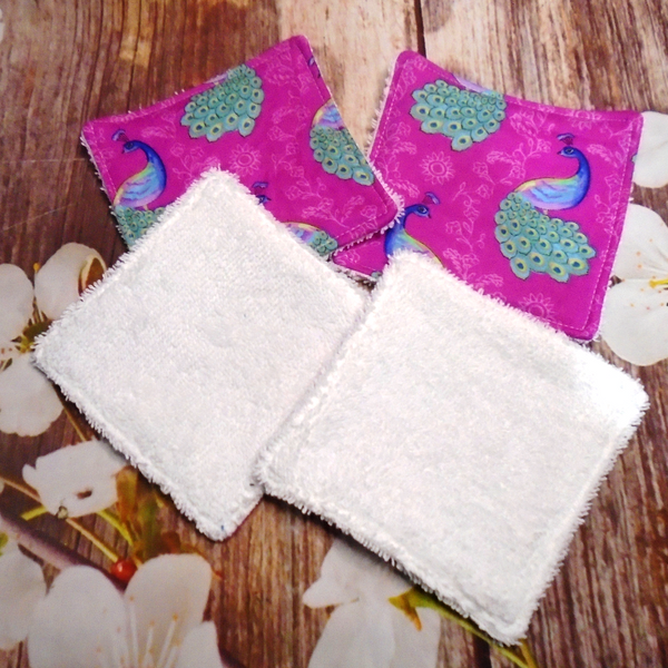 Reusable Cotton Wipes 4 Pack - Make Up - Toddler - Finger Wipes - Pink Peacock With White Towelling