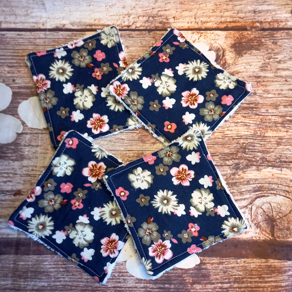 Reusable Cotton Wipes 4 Pack - Make Up - Toddler - Finger Wipes - Navy Flower With White Towelling